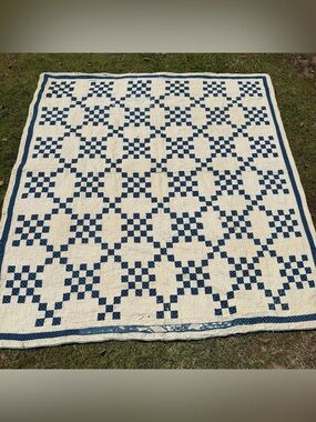 VTG Irish Chain Quilt Blue White Stars Soft Gauzy Cotton 1940s Cutter 70x75